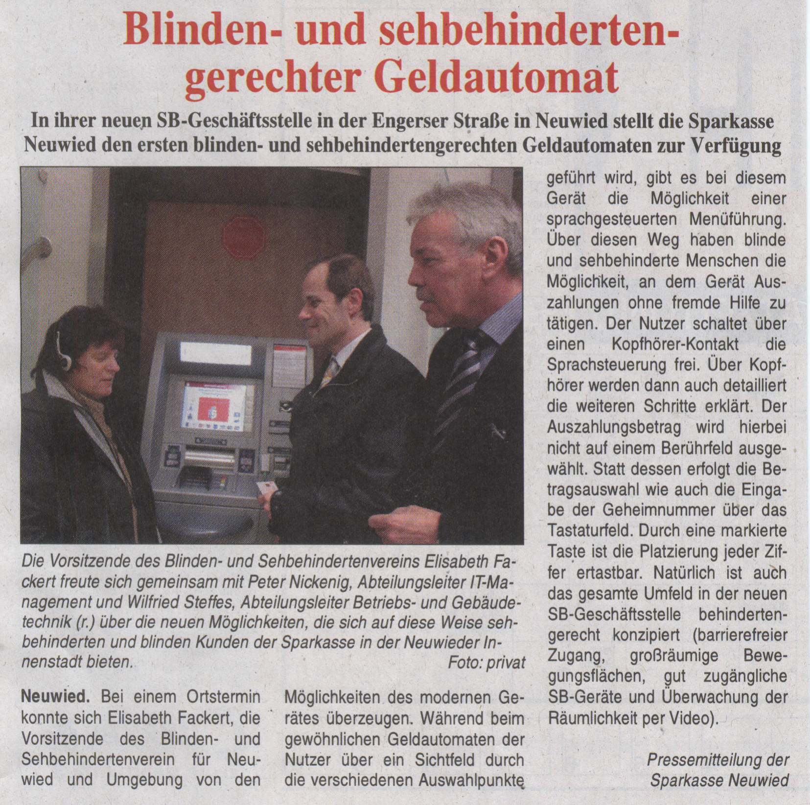 Presseartikel zum barrierefreien Geldautomat der Sparkasse Neuwied